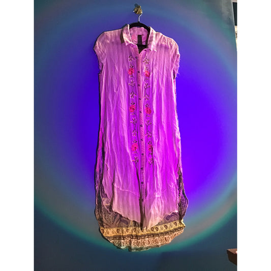 Aratta Silent Journey Pink Floral Button Long Shirt Short Sleeve Women's Medium
