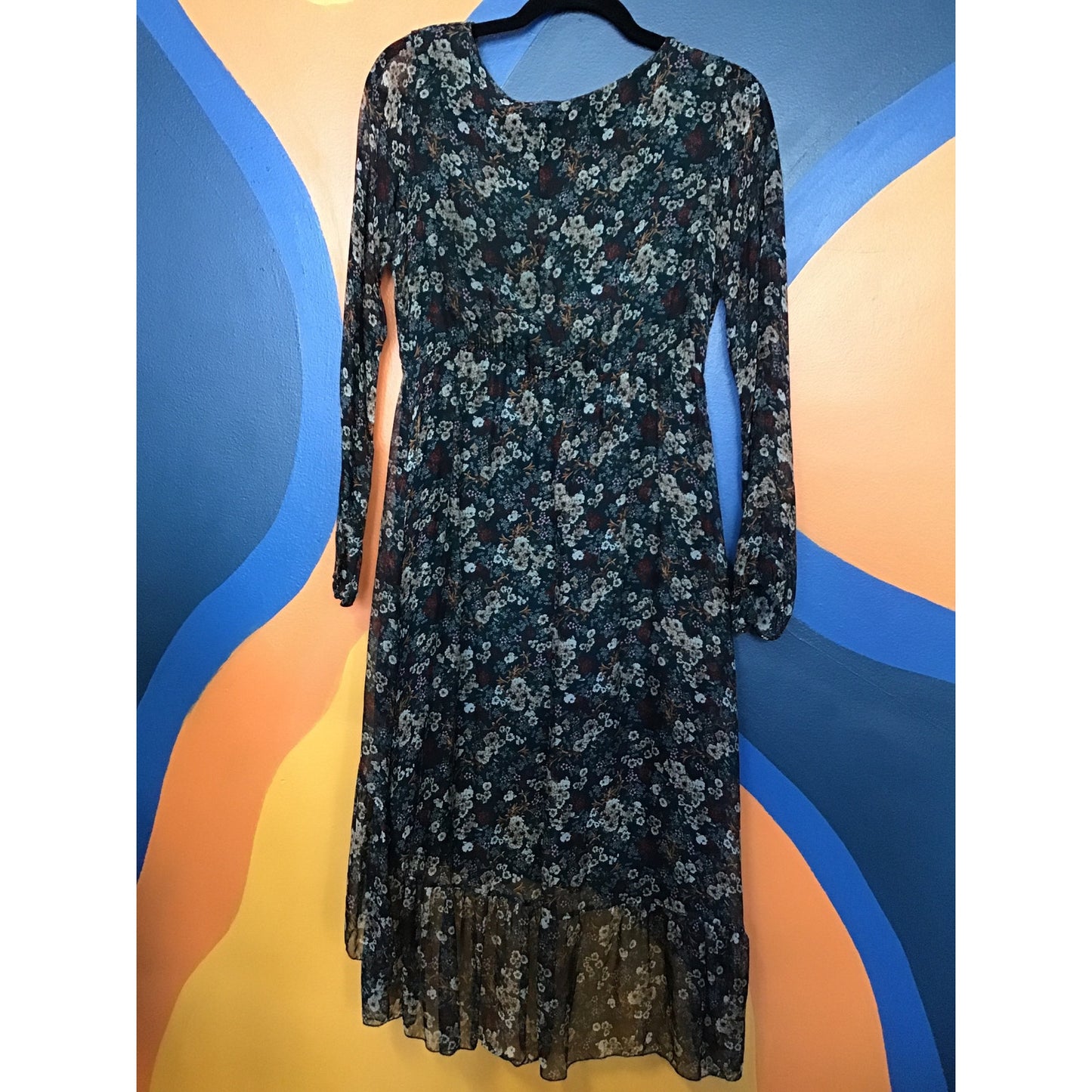 Elena Baldi Silk Blend Green Floral Hi-Low Chiffon Midi Long Sleeve Dress Small