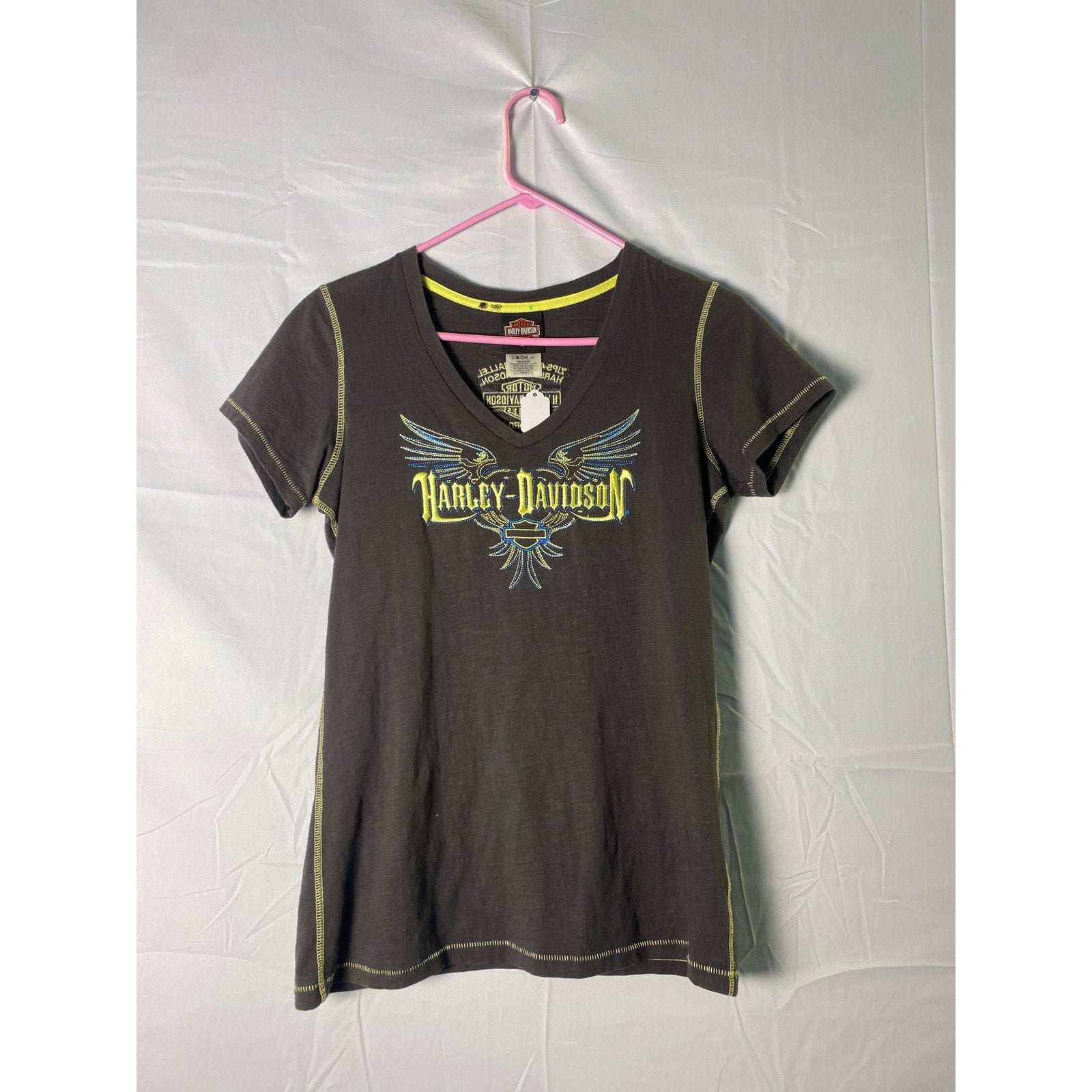 Harley Davidson Embroidered Gaylord, MI Black V-neck Shirt Women's Size Medium