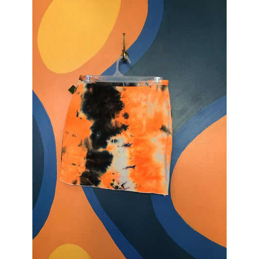 Fashion Nova Black Tie Dye Rib Knit Orange Pencil Cut Mini Skirt Women's Size XL