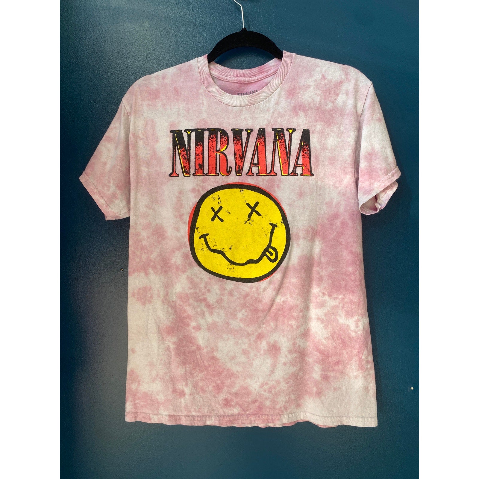 Nirvana Smiley Graphic Pink Tie Dye Women Short Sleeve Shirt Womens Size Medium