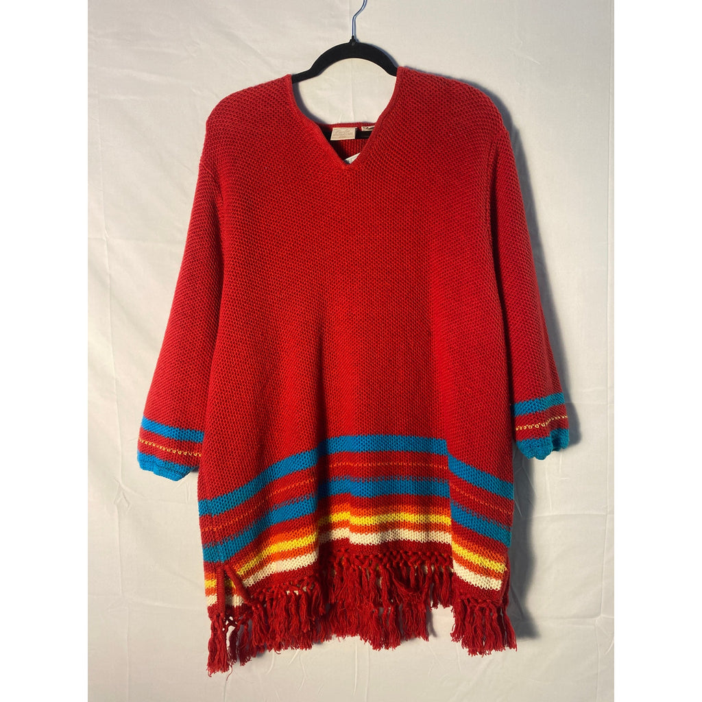 Vintage Fiorlini International Red Knit Poncho Sweater Multicolor Stripe Fringed Hem Size XL