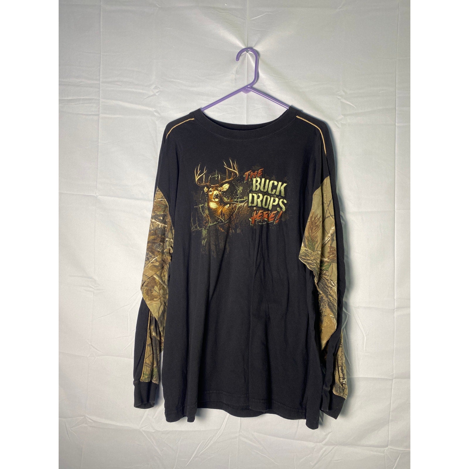 Buck Wear Black Camo The Buck Drops Here  Long Sleeve Shirt Men's Size XL
