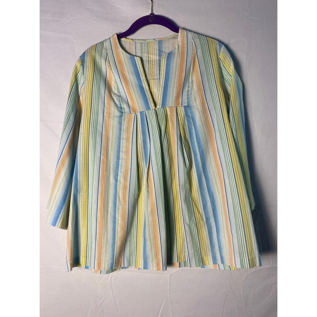 Vintage 70s Pastel Striped Cotton V-Neck Hippie Lightweight Top Womens Large