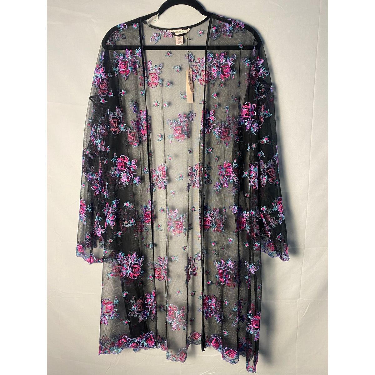 Victoria's Secret Floral Embroidered Black Mesh Kimono Robe Women's Medium