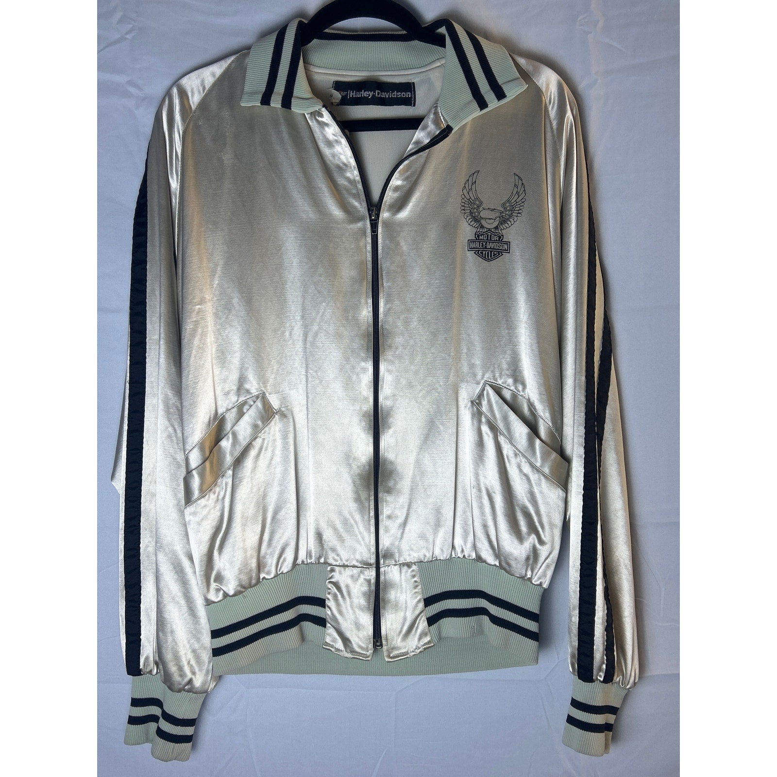 Vintage Harley Davidson White Satin Full Zip Jacket Pockets Women Size Medium