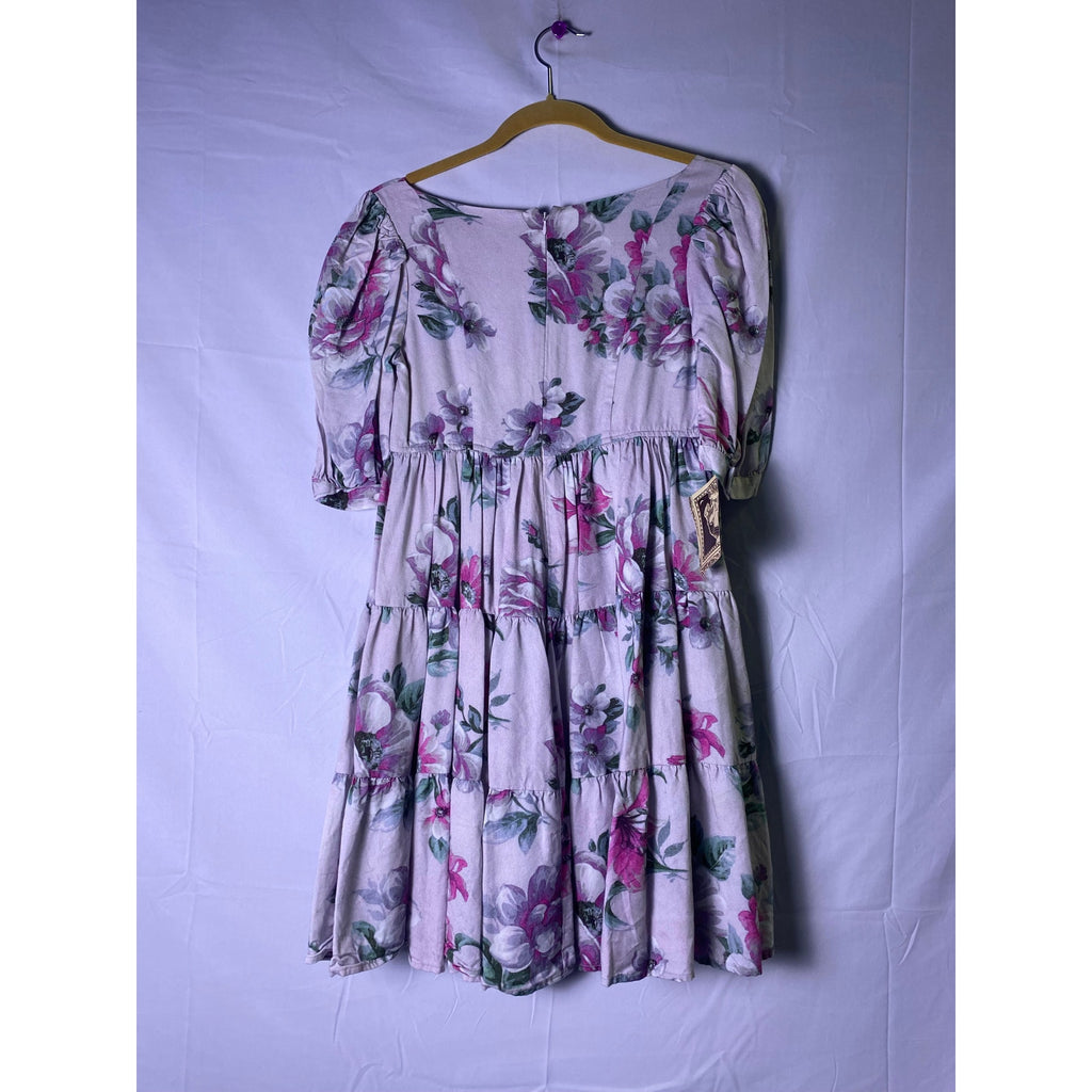 Pink Purple Floral Print Square Neck Babydoll Mini Dress with Tiered Skirt