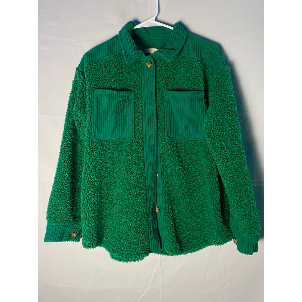 Ultra Flirt Green Fuzzy Rib Knit Buttons Jacket Front Pockets Women's Medium
