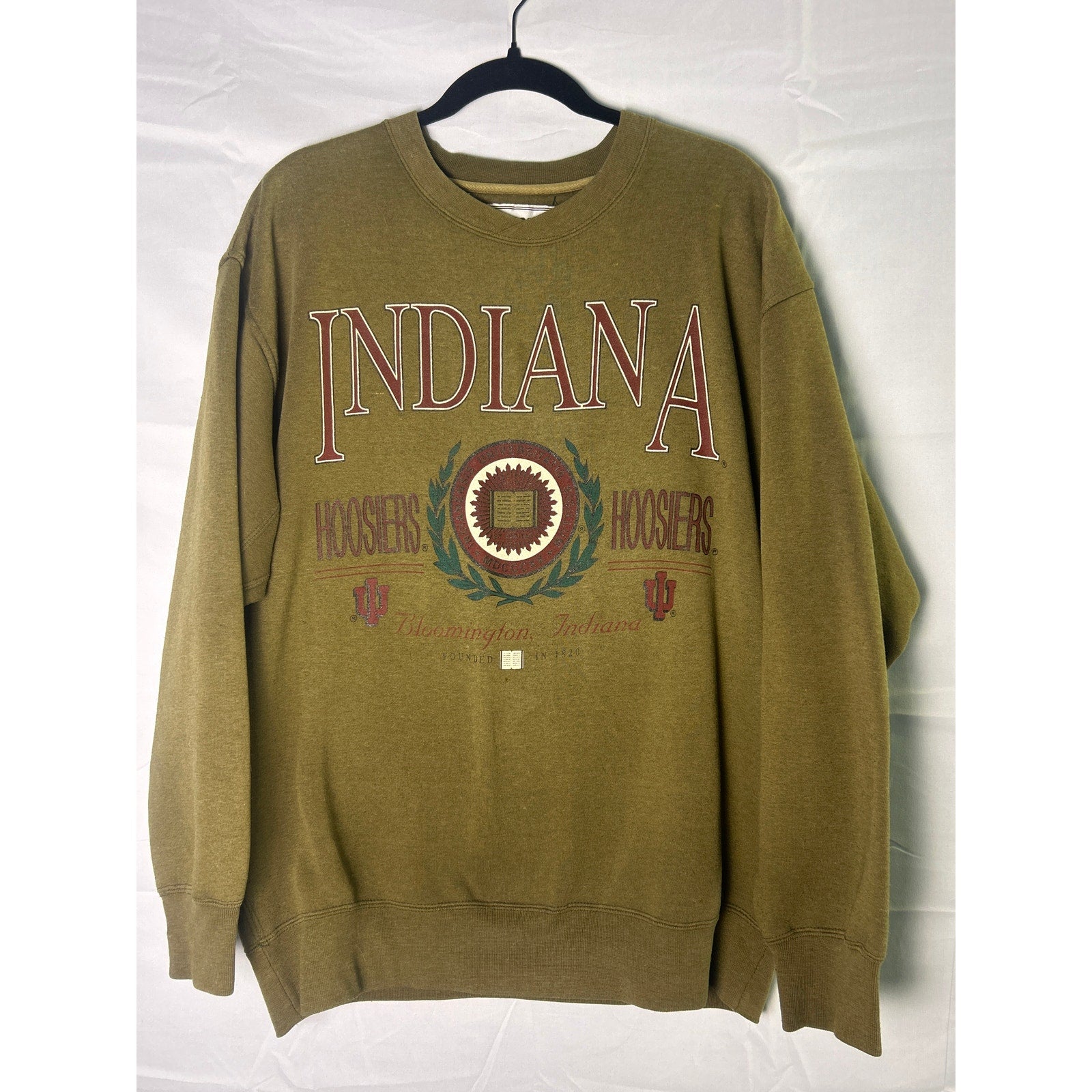 90s DANAGGERS Olive Green Crew Neck Indiana University Pullover Sweatshirt Large