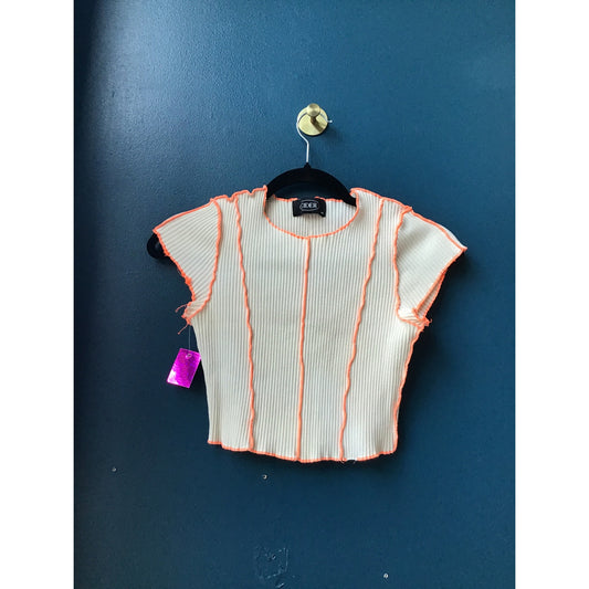 Cider Cream Rib Knit Crop Top w/ Neon Orange Reverse Stitching Women's Medium