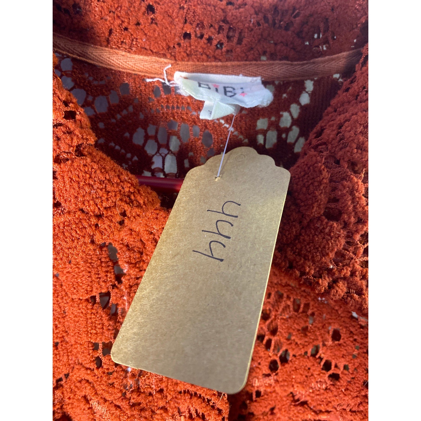 BiBi Fuzzy Red Brown Button Up Floral Crochet Jacket Chest Pockets Women's XL