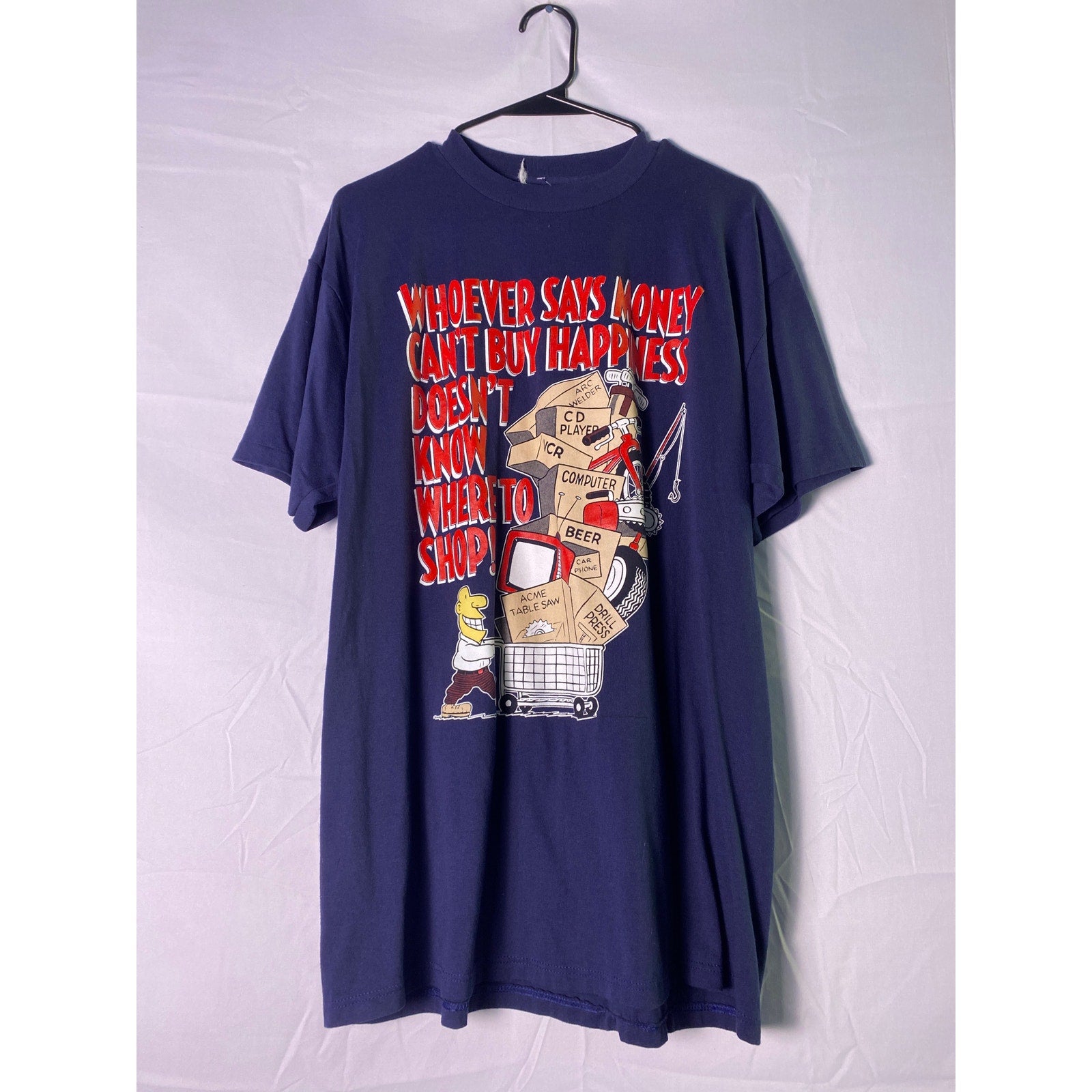 Vintage WHOEVER SAYS MONEY CAN'T BUY HAPPINESS.. Print Men's Blue Shirt Size XL