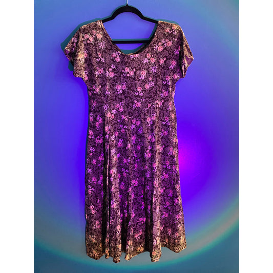 90's Brown Floral Dress w/ Clip Short Sleeve Multicolor Dress Women's Size XS/S