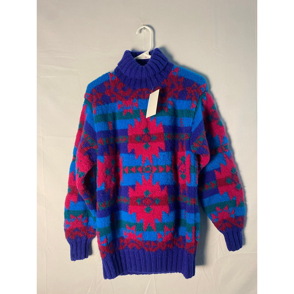 Marsh Landing Hand Knits 100% Shetland Wool Blue Red Turtleneck Sweater Medium