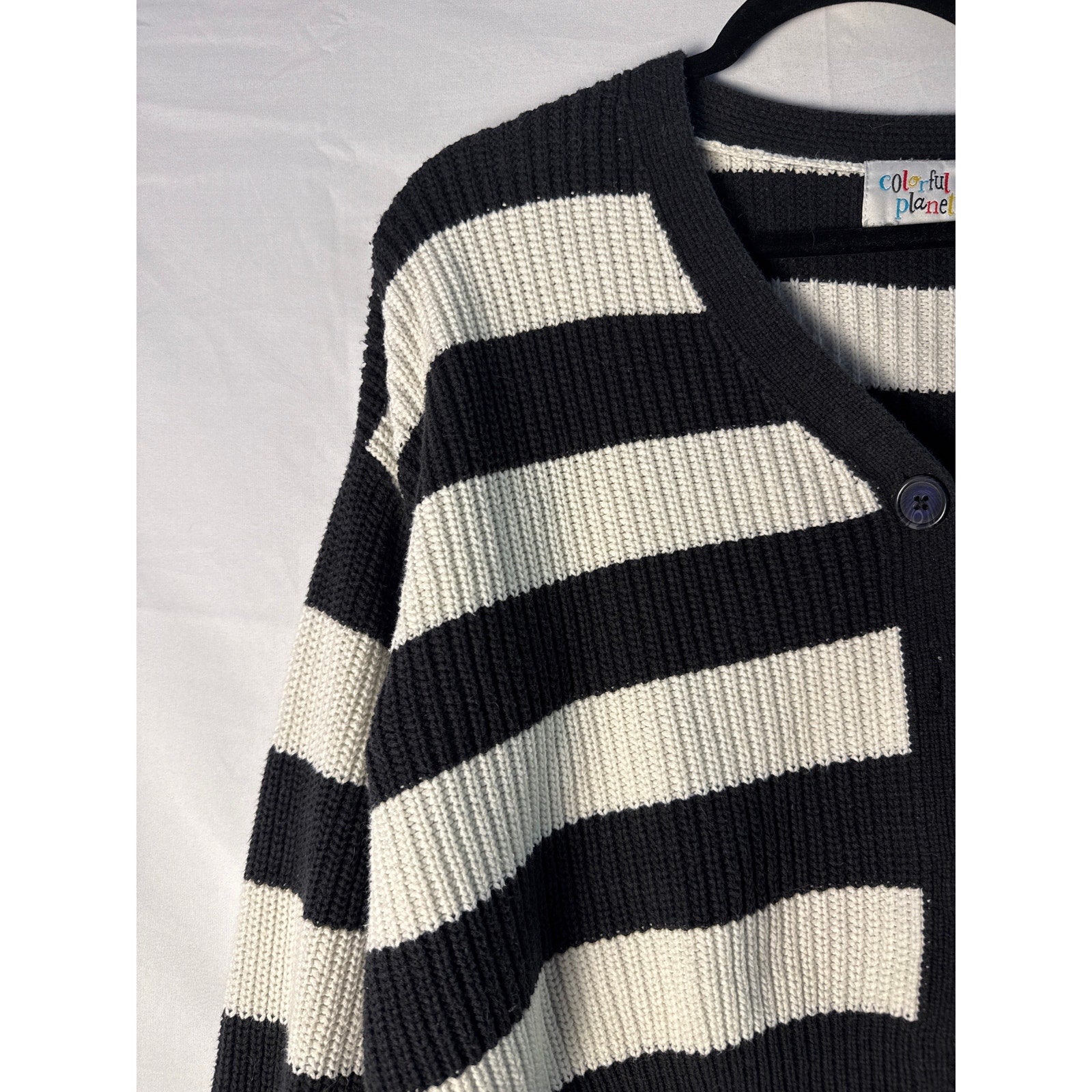 Colorful Planet Black and White Striped Knit Cardigan Sweater Women's Medium