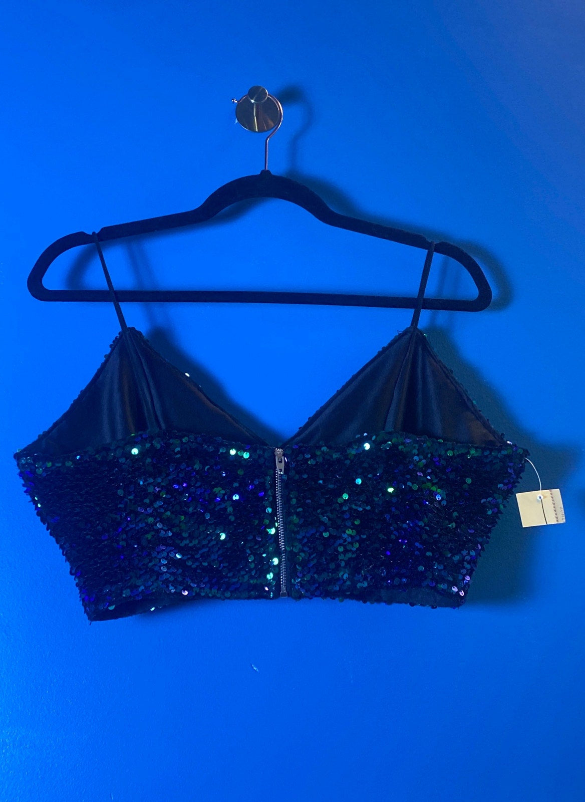 Blue and Green Velvet Sequins Crop Cami Top V-neck Back Zip Women's Size Large
