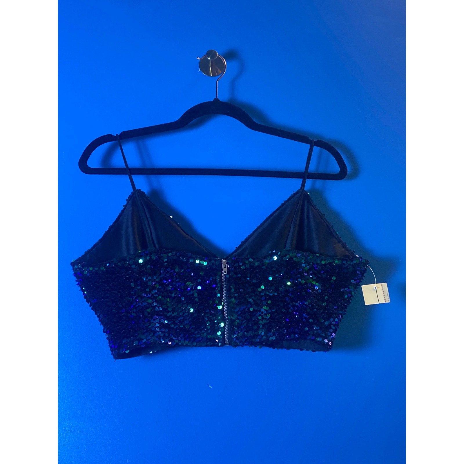Blue and Green Velvet Sequins Crop Cami Top V-neck Back Zip Women's Size Large