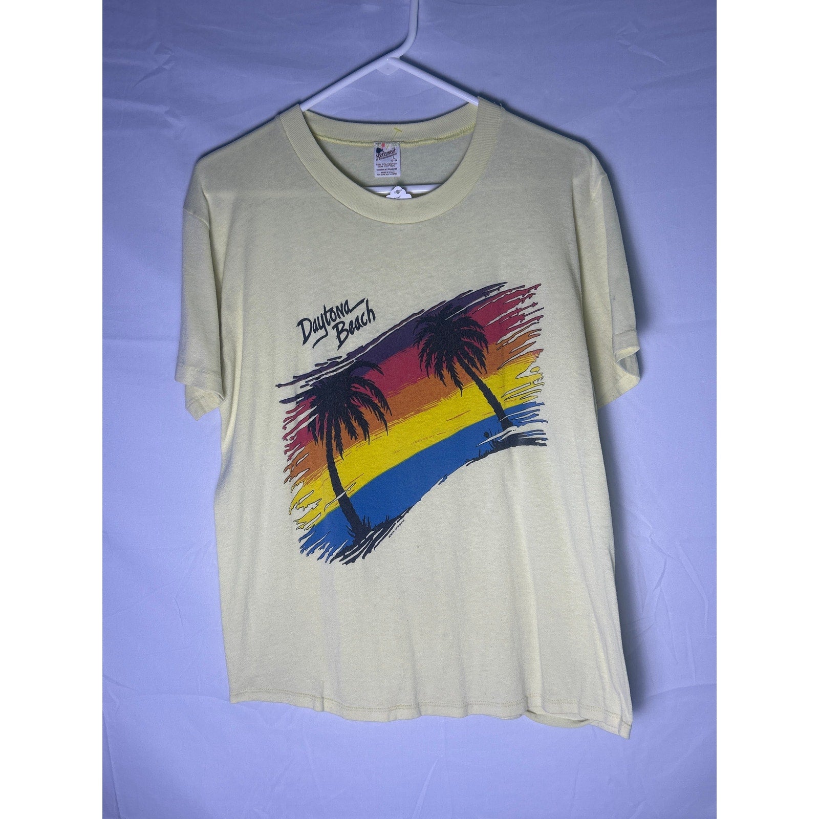 Vintage Daytona Beach, Florida Wave Sunset Palm Tree Yellow Shirt Men's Large