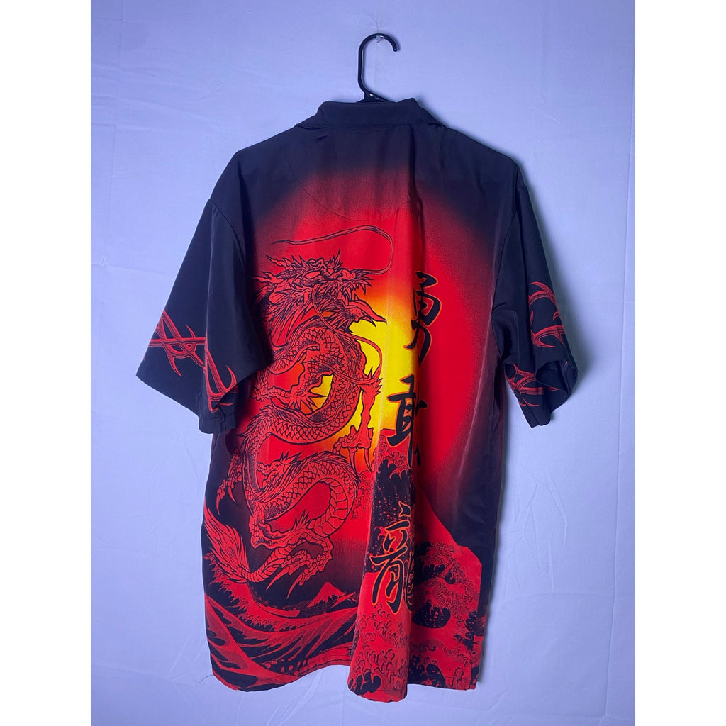 Vintage Y2k Anime Dragon Tribal Camp Button Up Shirt Short Sleeve Men's Large