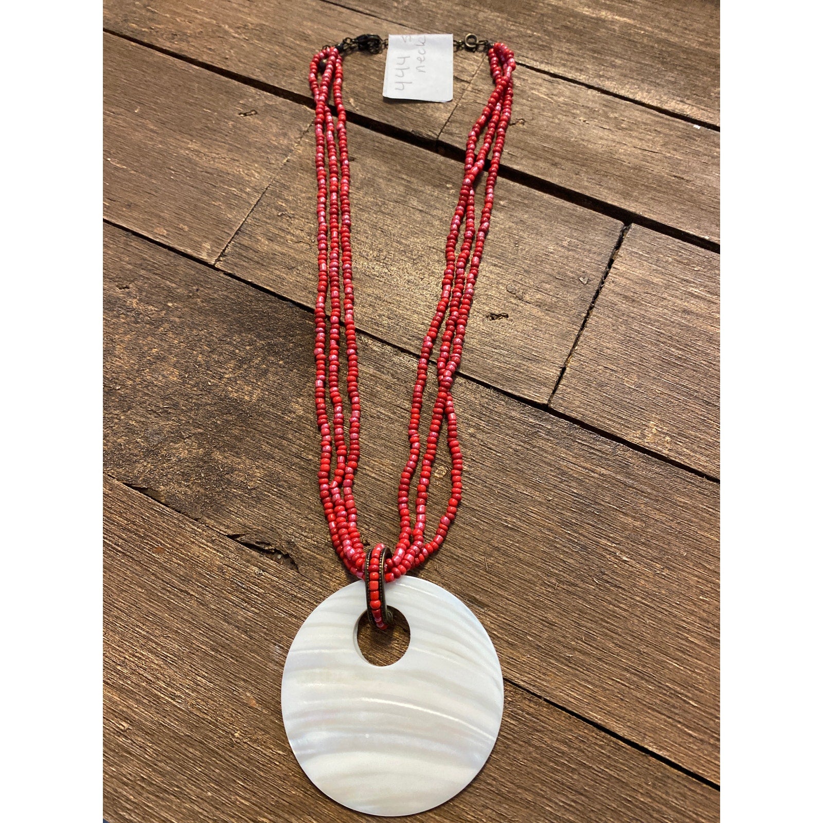 Red Coral Beaded Necklace with Shell Pendant