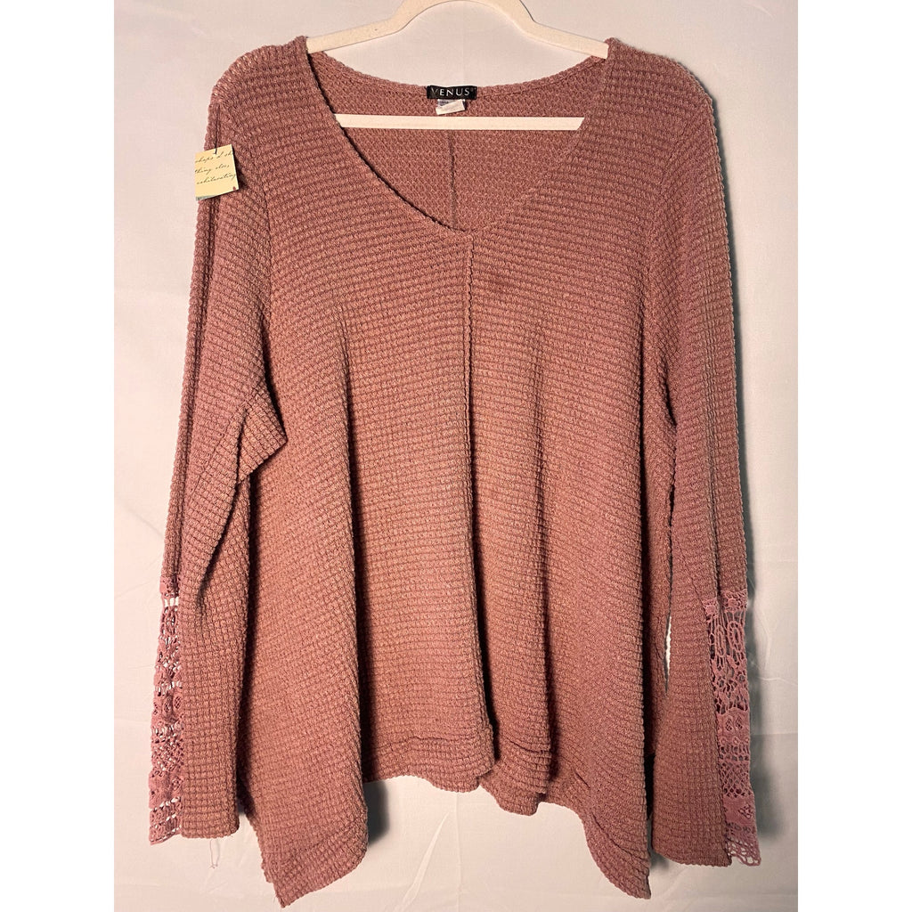 Venus Mauve Waffle Knit Thermal Sweater V-neck Women's Plus Size 3XL