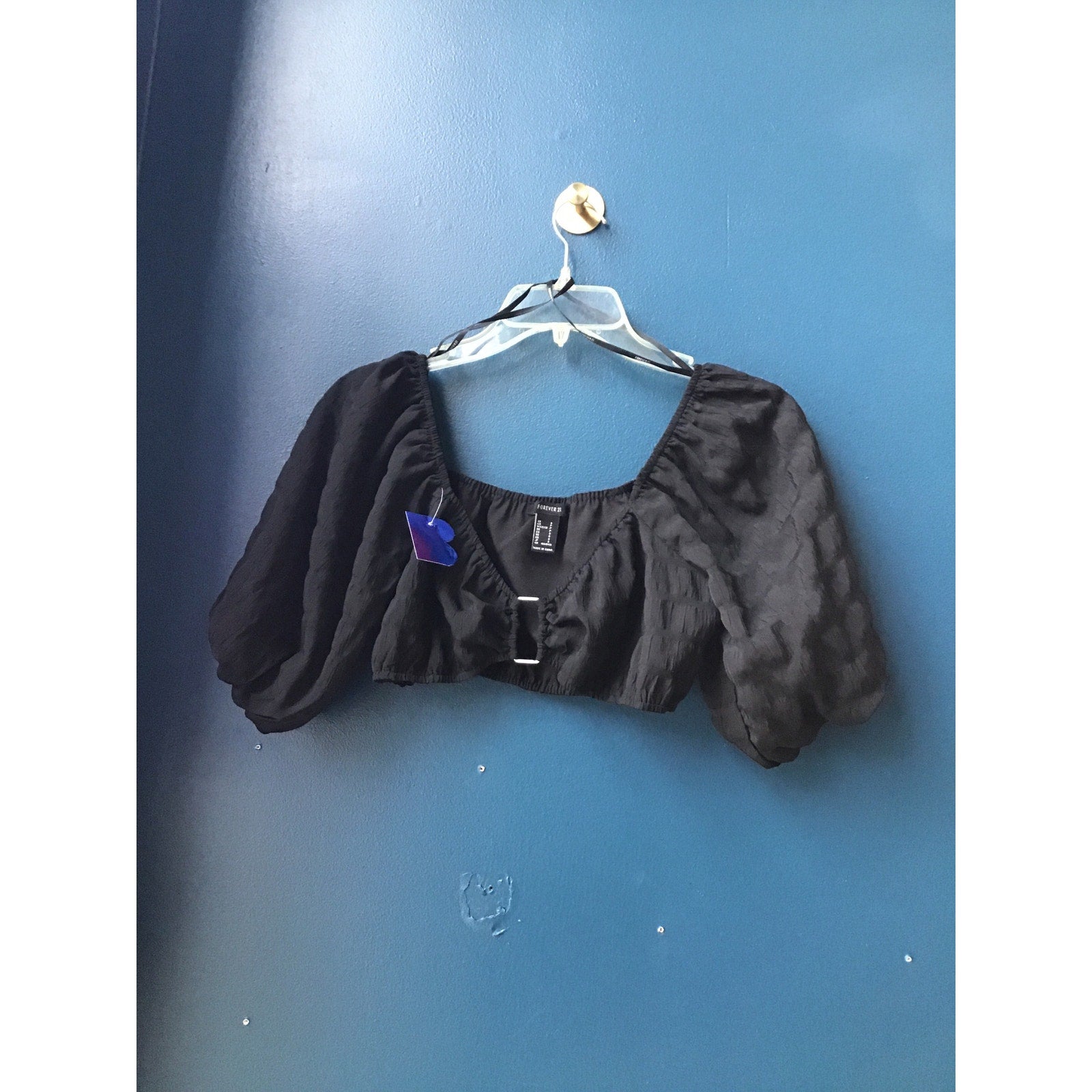 Forever 21 Black Textured Puff Sleeve Smocked Crop Top Women's Size Small