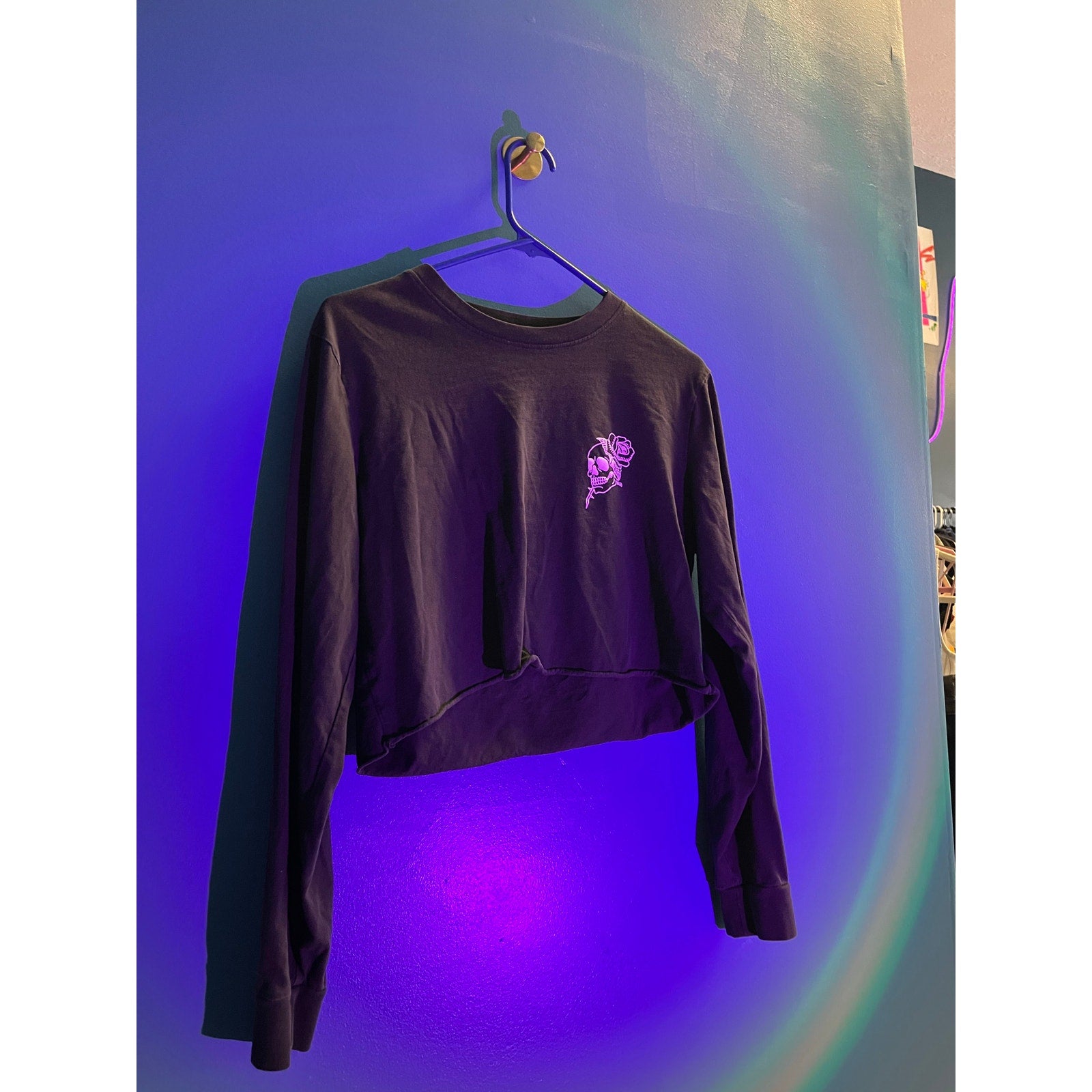Vans Off The Wall Skull Flower Print Black Long Sleeve Black Crop Top Women's M