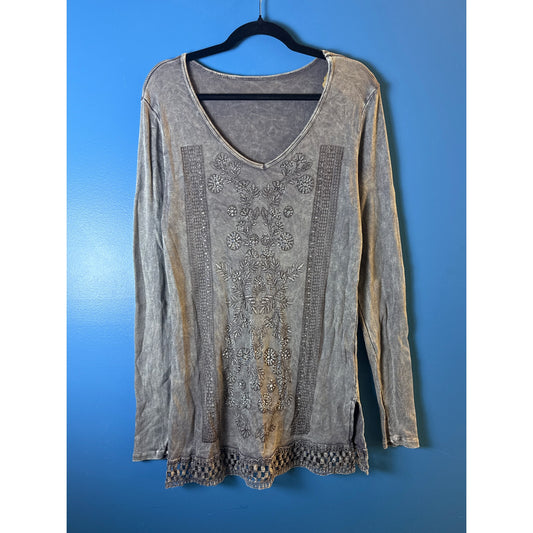 Vocal Gray Floral Rhinestone Long Sleeve Thermal Tunic Shirt Women's Size XL