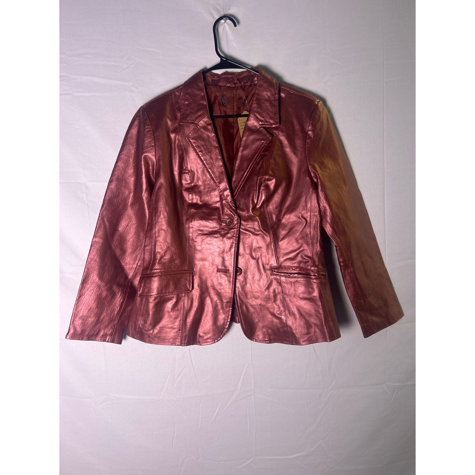 Raspberry Red Metallic Leather Two Buttons Blazer Jacket Women's Size Large