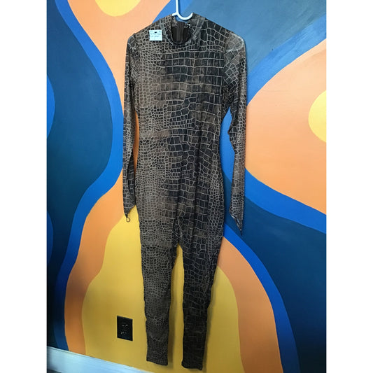 Fashion Nova Sexy In Snake Mesh Jumpsuit Brown Long Sleeve Women's Size Large