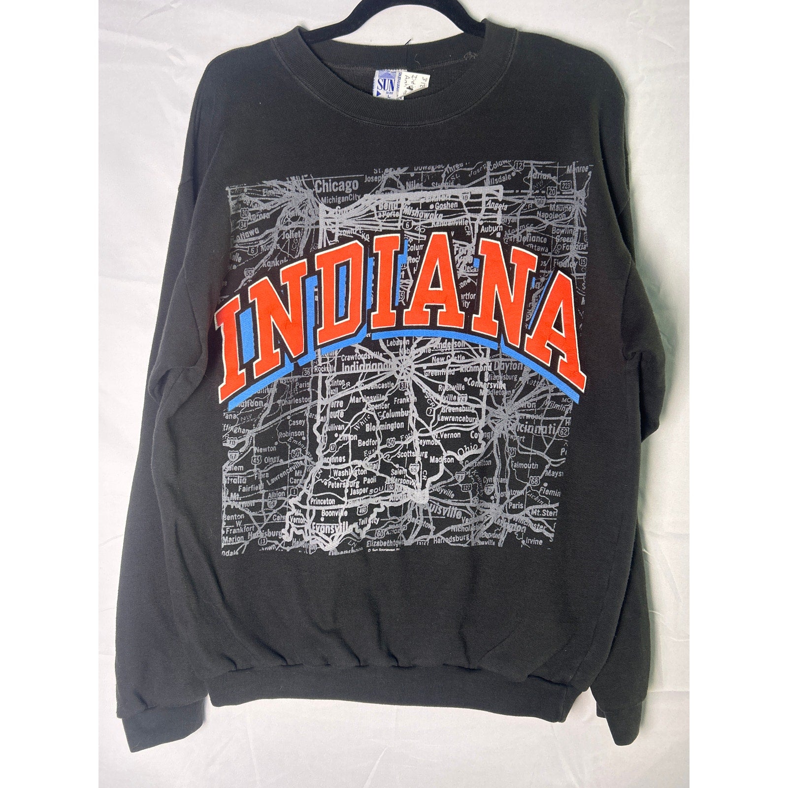 90s Vintage SUN Sportswear Black INDIANA Sweatshirt Pullover Men's Size Large