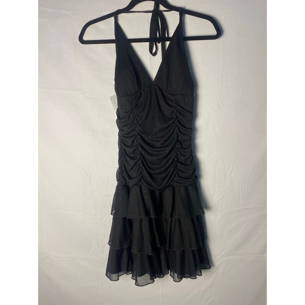 Y2K My Michelle Black Halter Mini Dress w/ Ruched Bodice Tiered Ruffled Skirt M