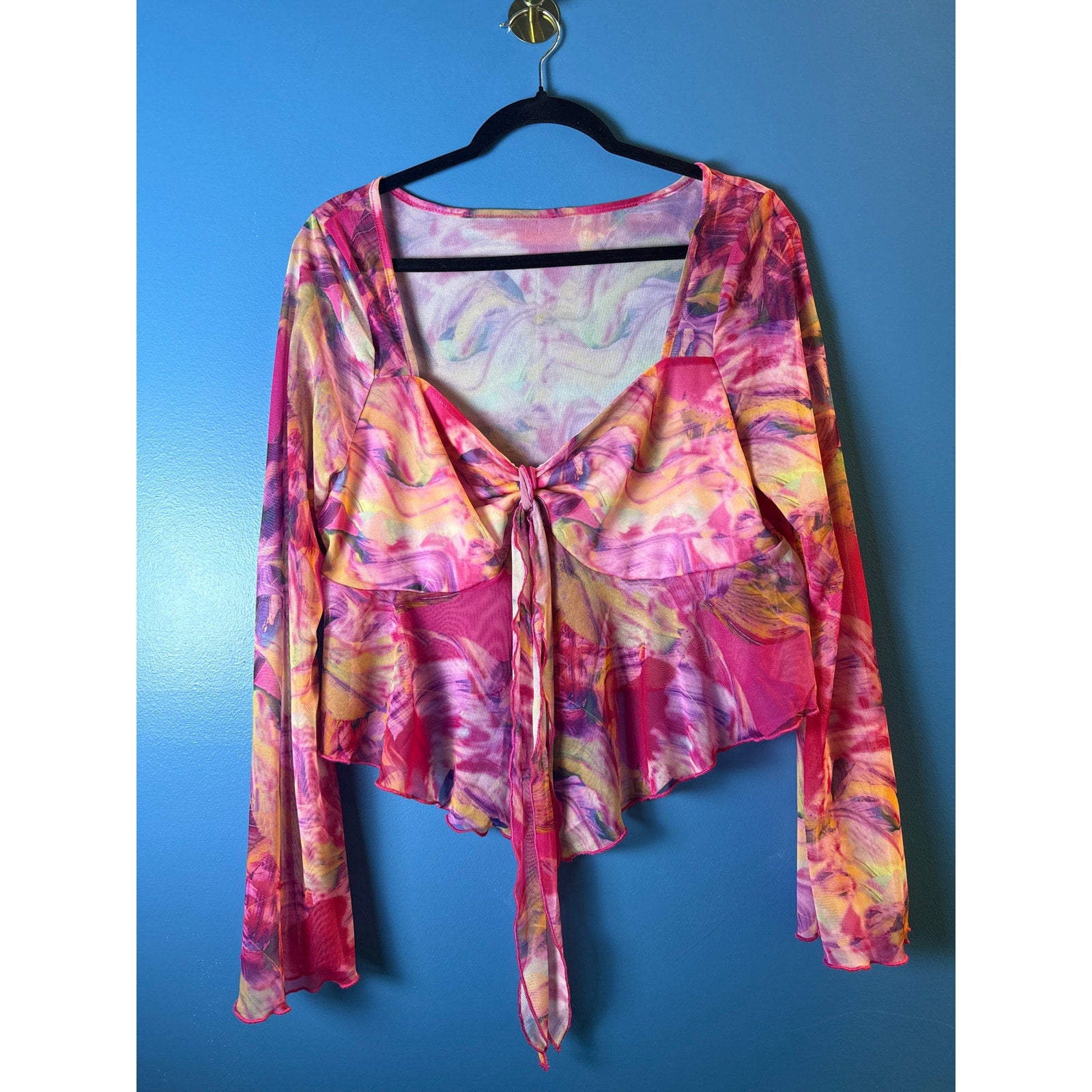 Shein Pink Multicolor Mesh Top Sweetheart Neckline Long Sleeve Women's Size 2X