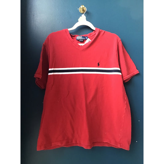 Vintage Polo Ralph Lauren Red Striped V-neck Logo Shirt Men's Size XL