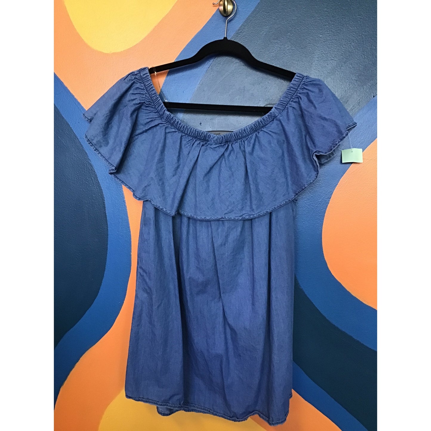 Chambray Blue Ruffle On Off Shoulder Peasant Top Women's Plus Size 3X
