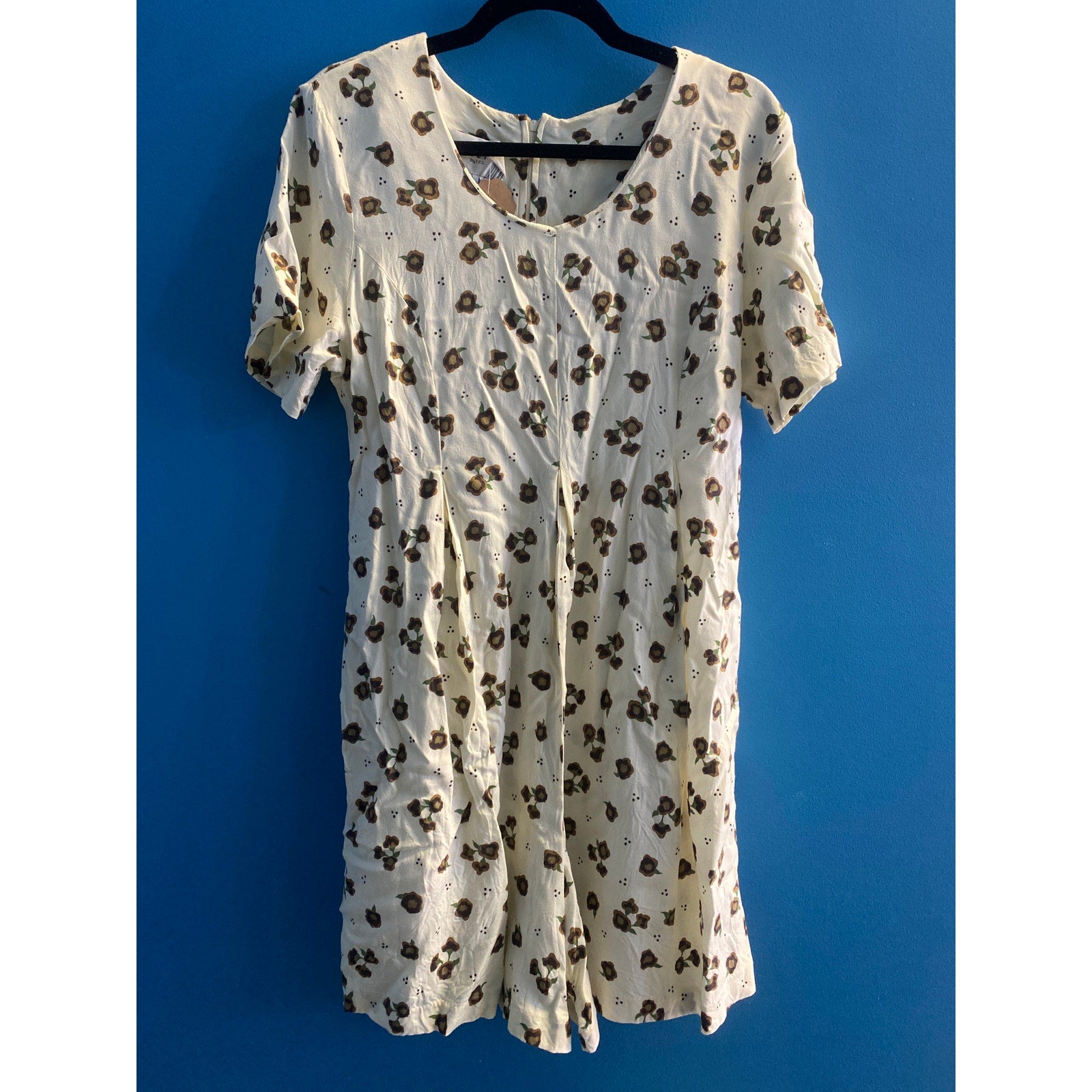 Vintage 90s Liberty by I.C.I Cream Brown Floral Romper Back Zip Womens Large