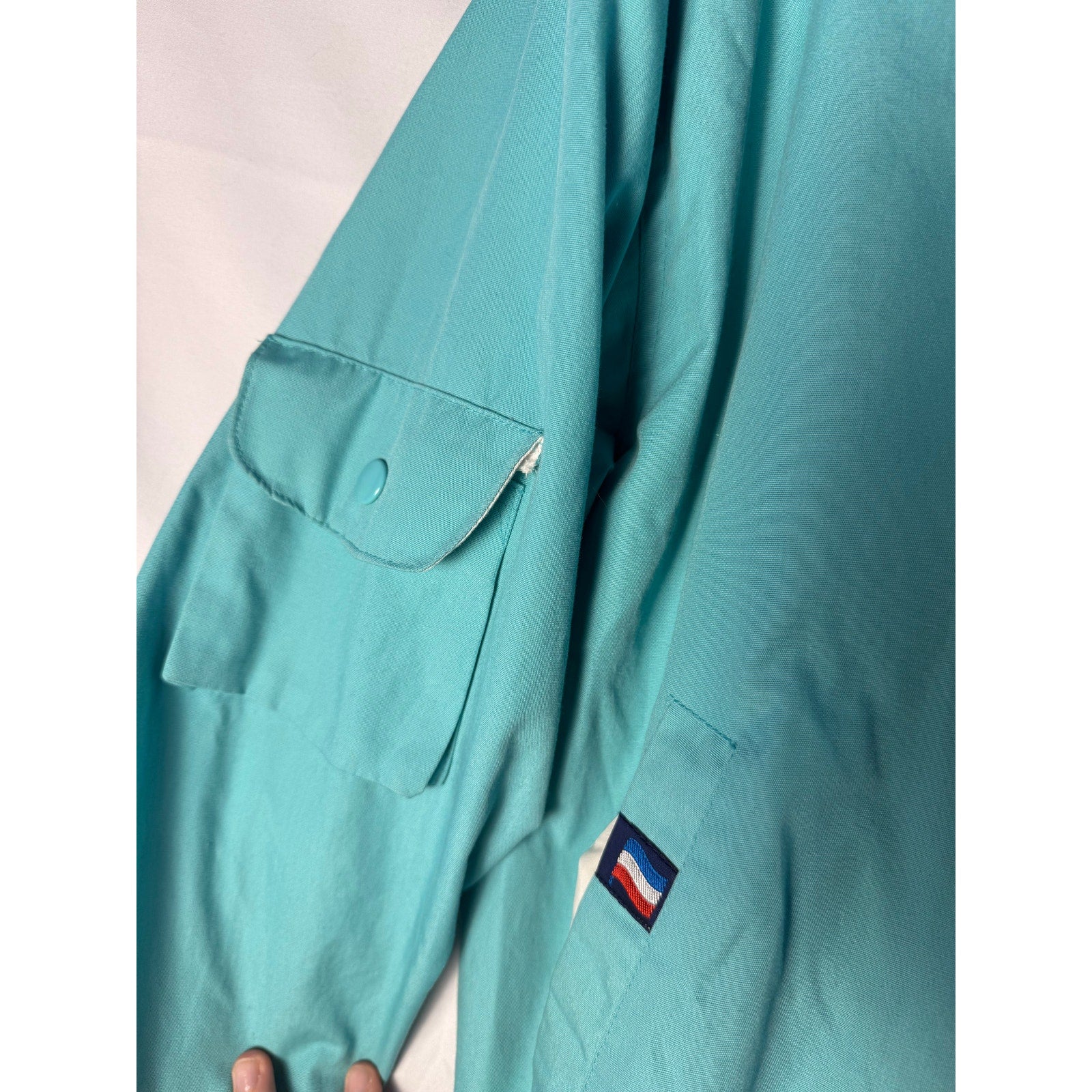 Vintage PA Teal White Windbreaker Jacket Drawstring Mock Neck Full Zip Medium