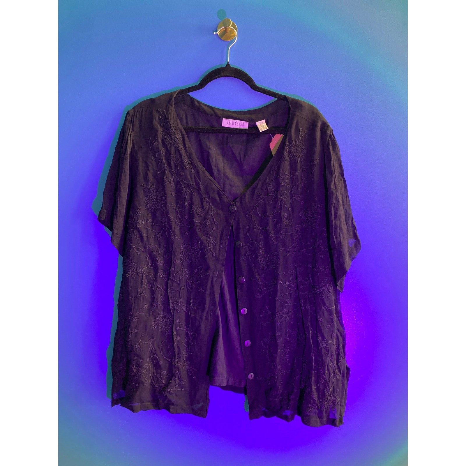 Vintage 90's Amanda Smith Black Floral Embroidered Button Up Shirt Womens Large