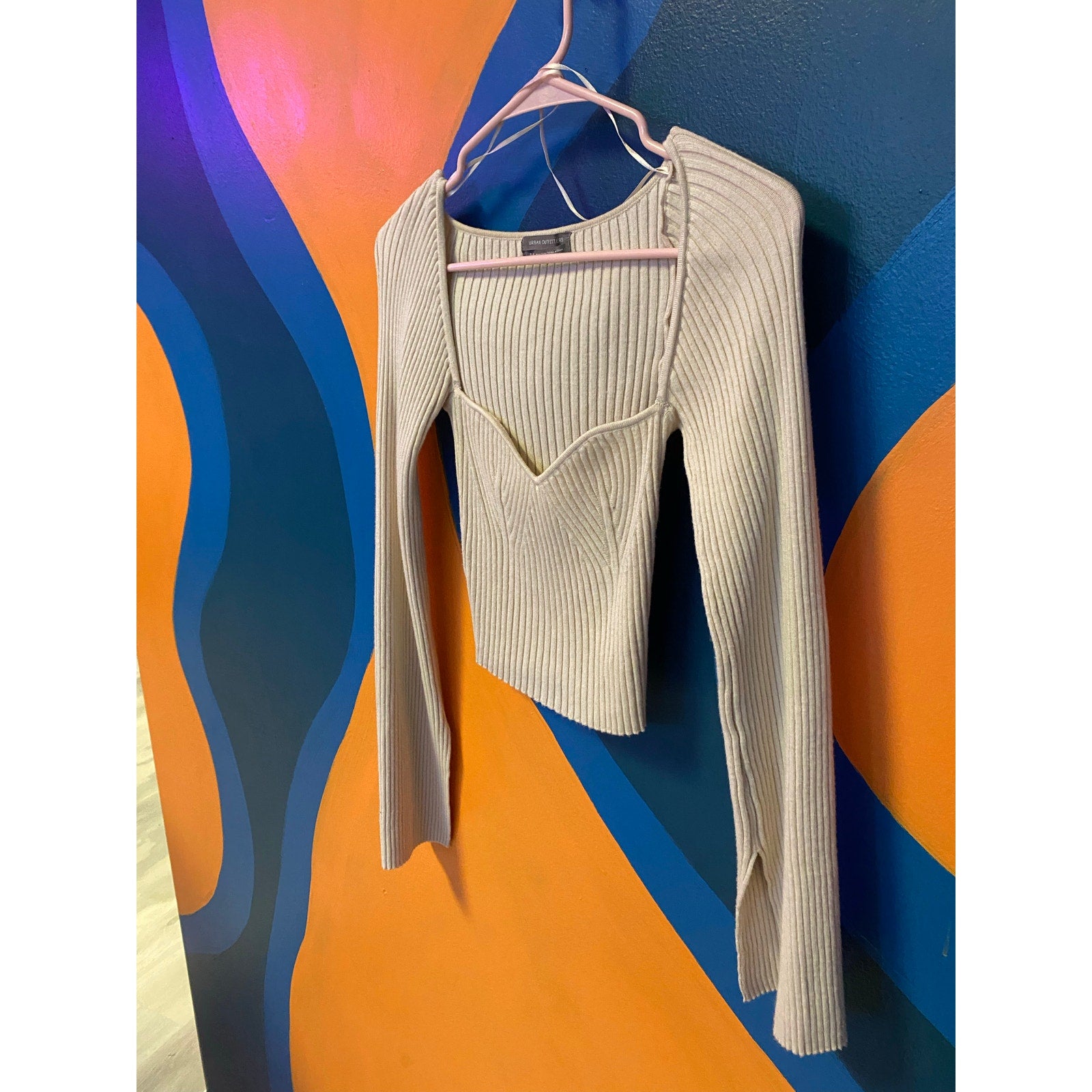 Urban Outfitters Tan Long Sleeve Off Shoulder Rib Crop Top Women's Size S-P