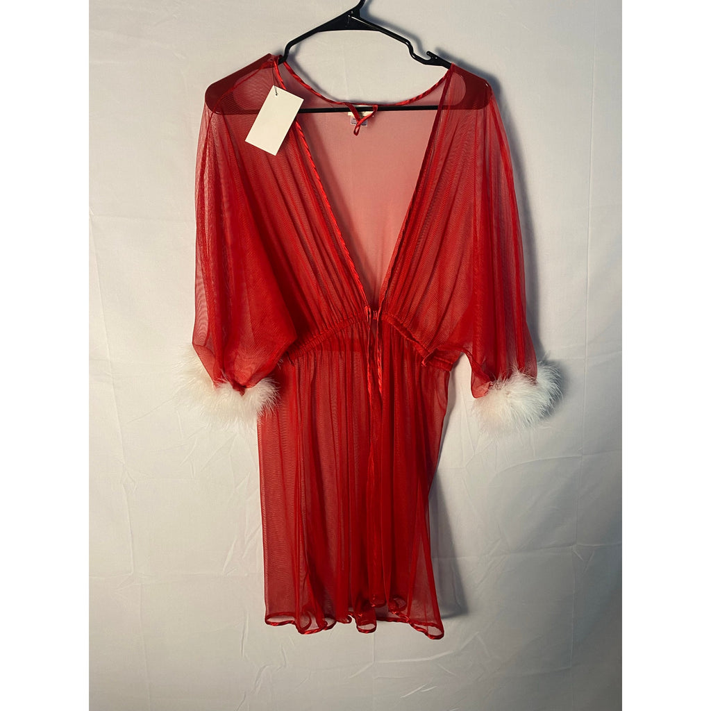 Cinema Etoile Sexy Santa Red Deep V-neck Holiday Marabou Robe White Fur Hem
