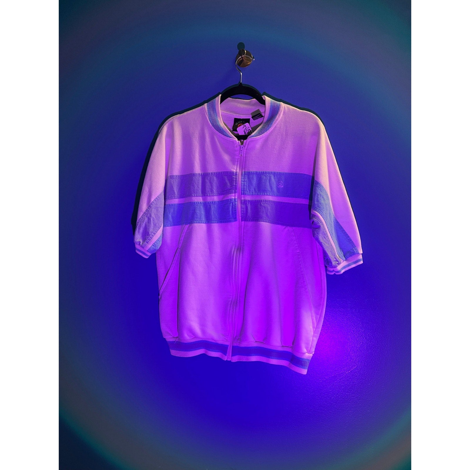 Beach Gear Blue White Full Zip Short Sleeve Shirt Men's Size Medium