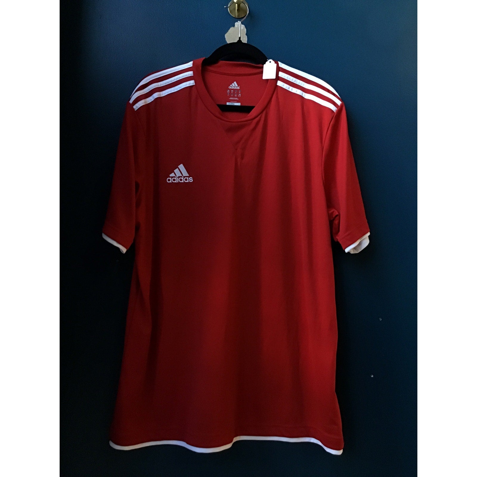 adidas Climalite Athletic Red Shirt White Three Stripes Short Sleeve Men's XL