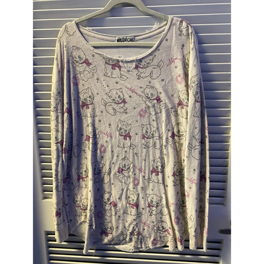 Wildfox Kitten Allover Print Long Sleeve Tunic Shirt Sleepwear Womens Size Large