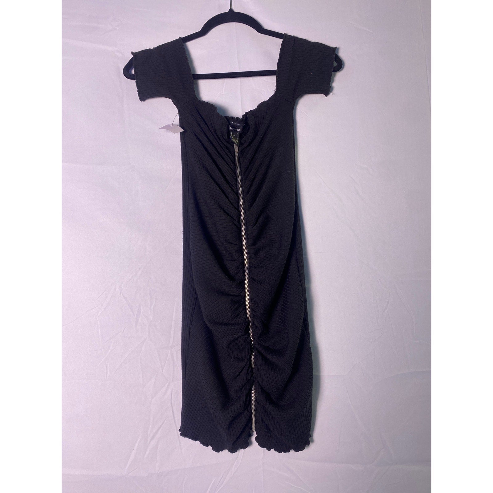 FOREVER 21 Black Knit Full Zip Off Shoulder Mini Dress Women's Size Small