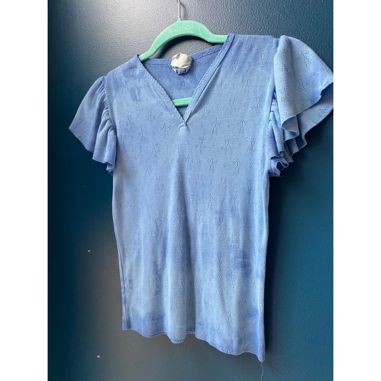 Vintage 80s Hand-Dyed Pointelle Blue V-neck Knit Top Ruffled Short Sleeve Small