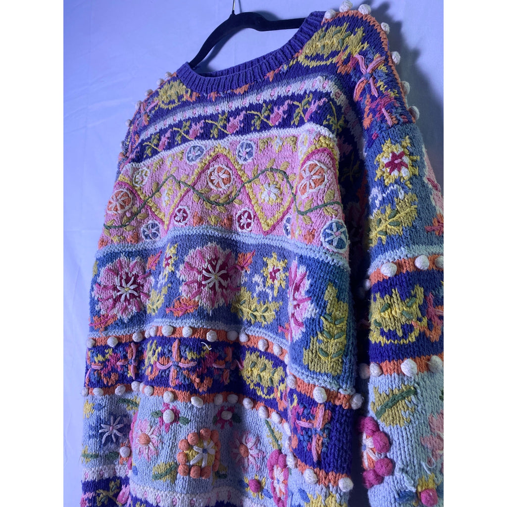 Vintage Jennifer Reed Hand-Knit Chunky Patterned Sweater Pullover Crew Medium