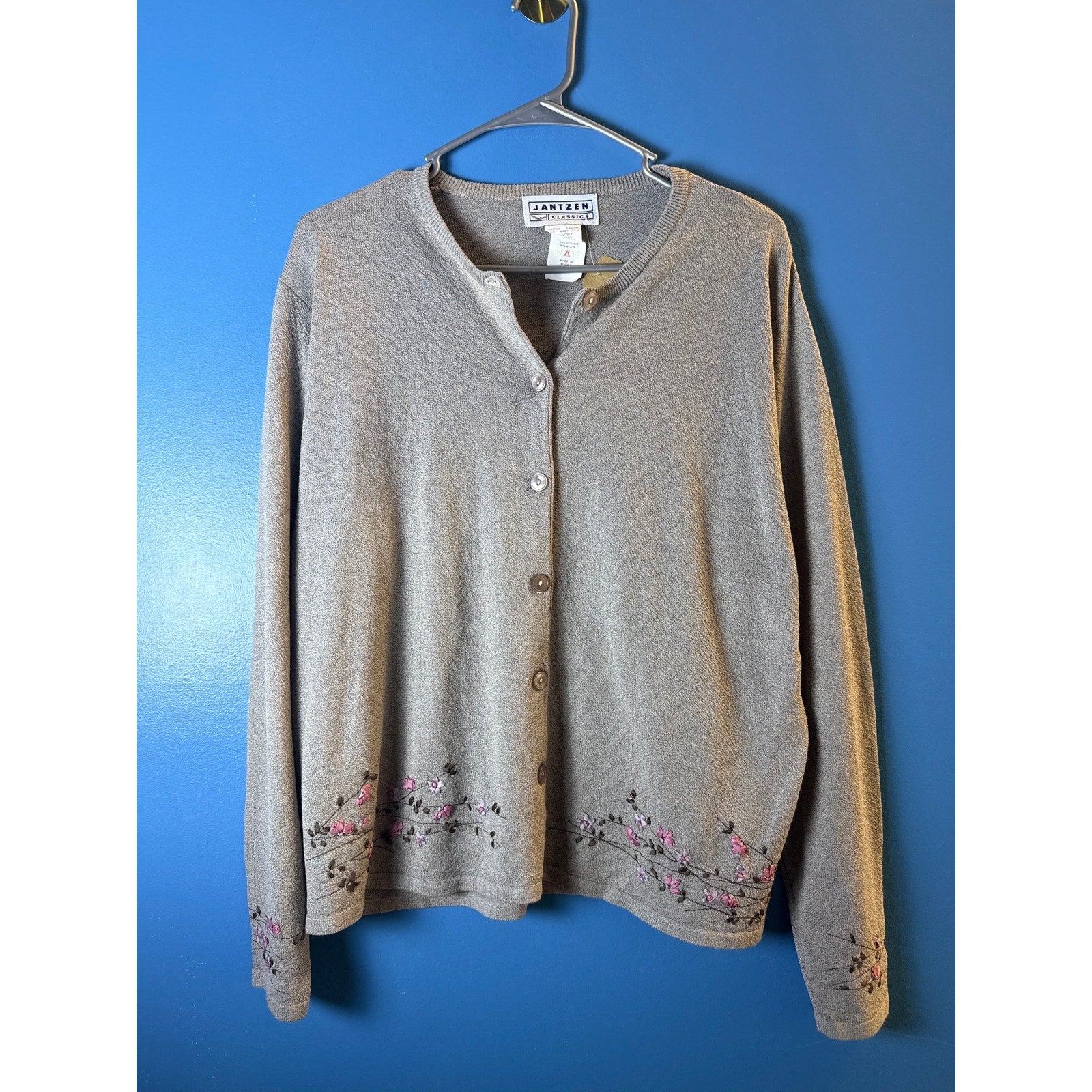 Vintage Jantzen Gray Floral Embroidered Button Cardigan Sweater Womens Medium