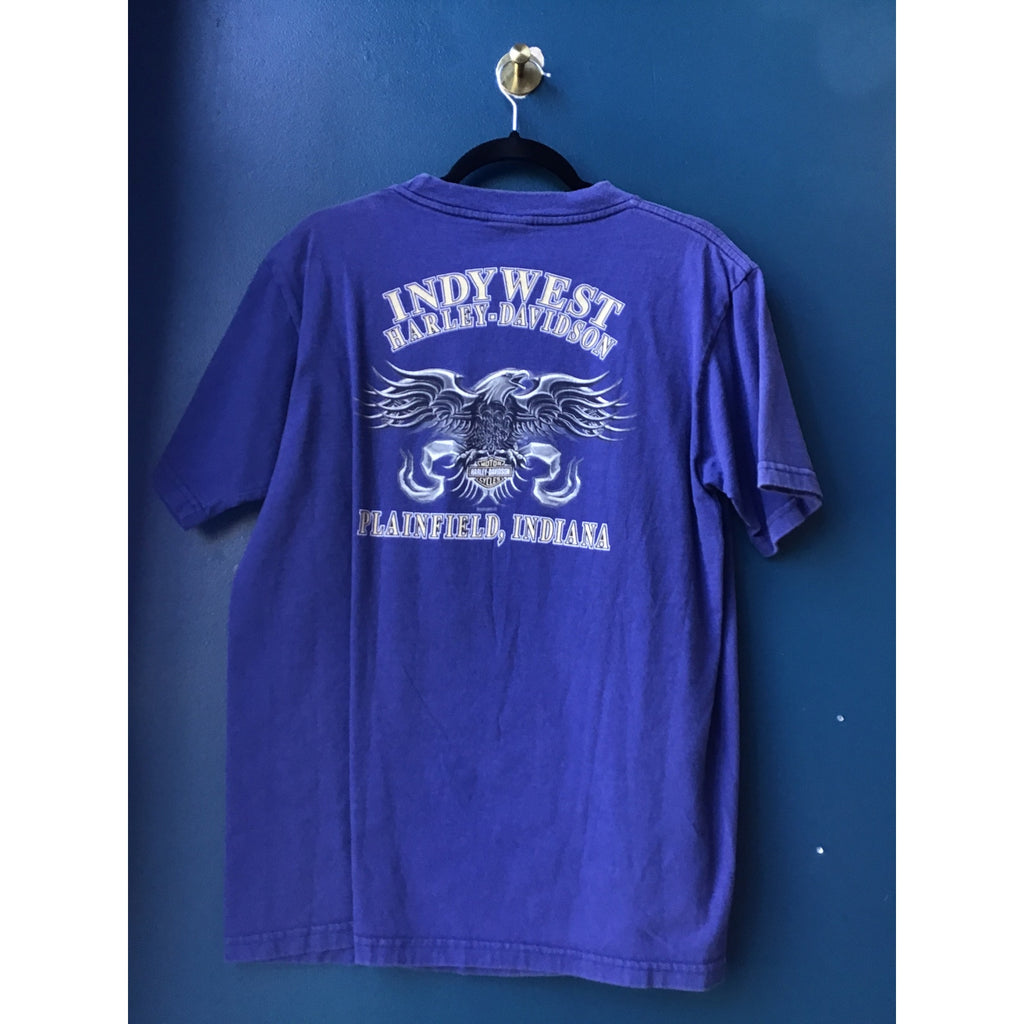 Harley Davidson USA Flage Eagle Indywest Plainfield, Indiana Blue Shirt Large