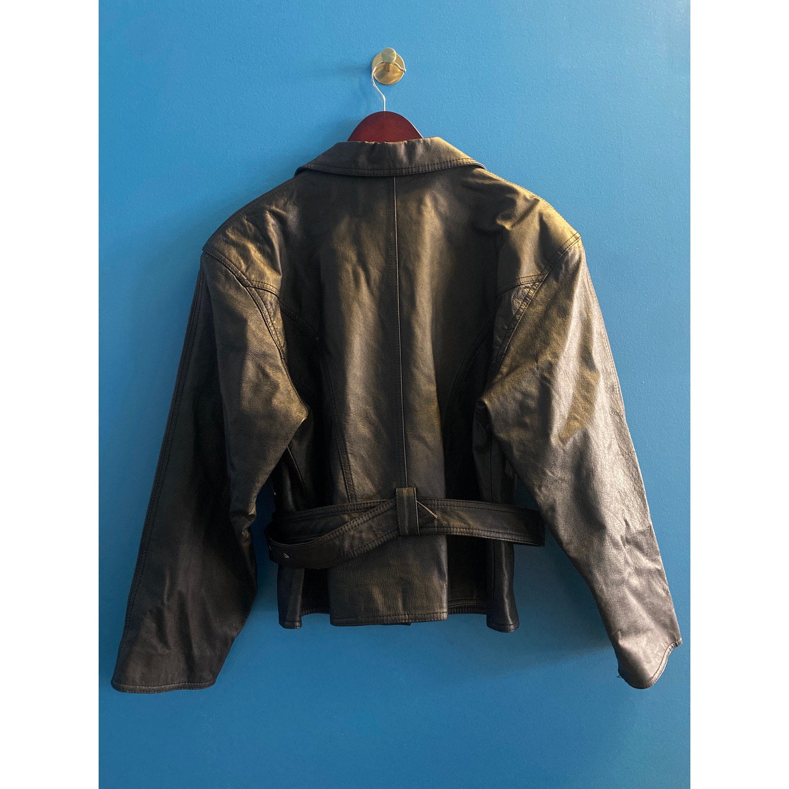 Miss Joy Black Leather Full Zip Moto Biker Jacket w/ Belted Waist Women's Large