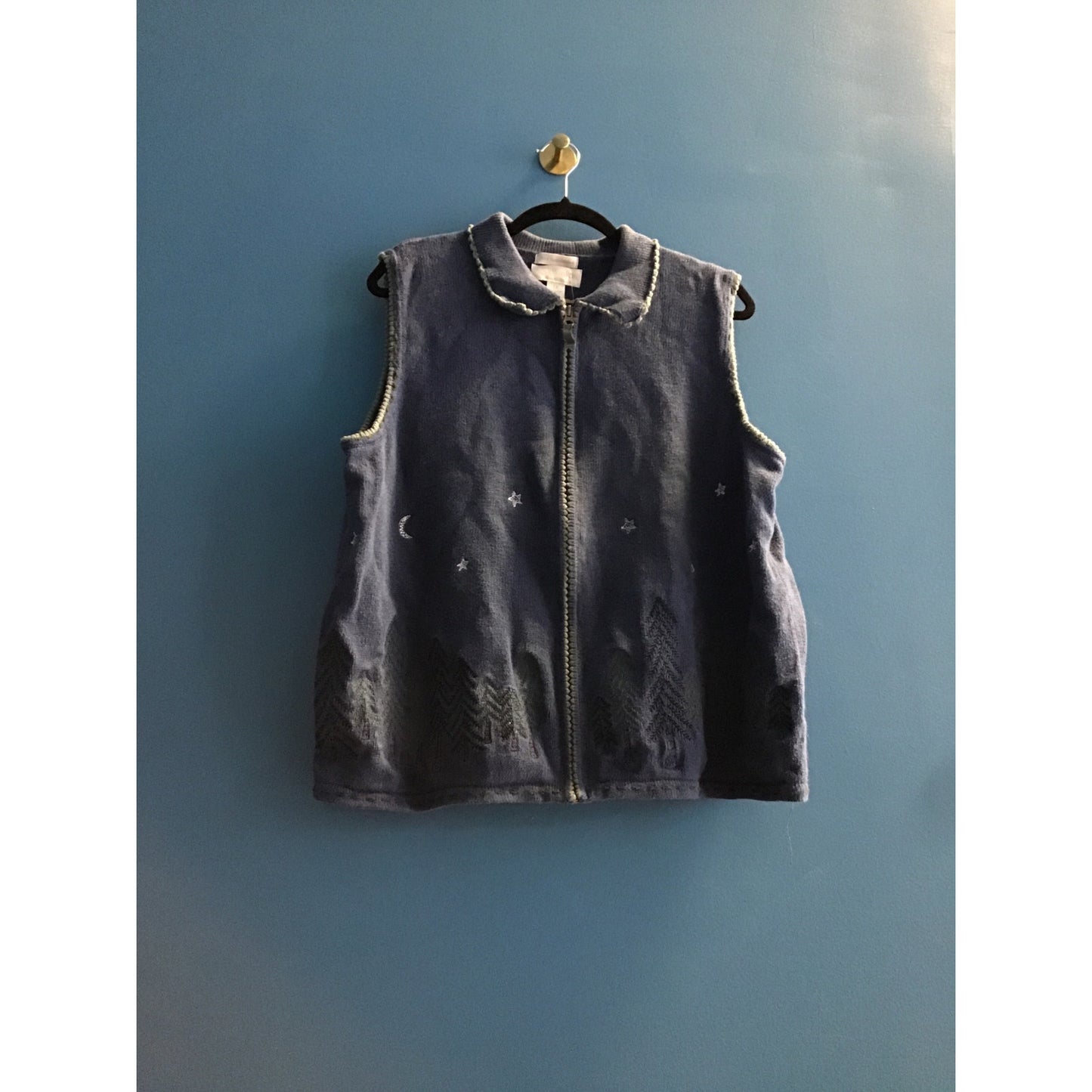 Cj Banks Hand Embroidered Navy Blue Forest Full Zip Vest Women's Plus 1X